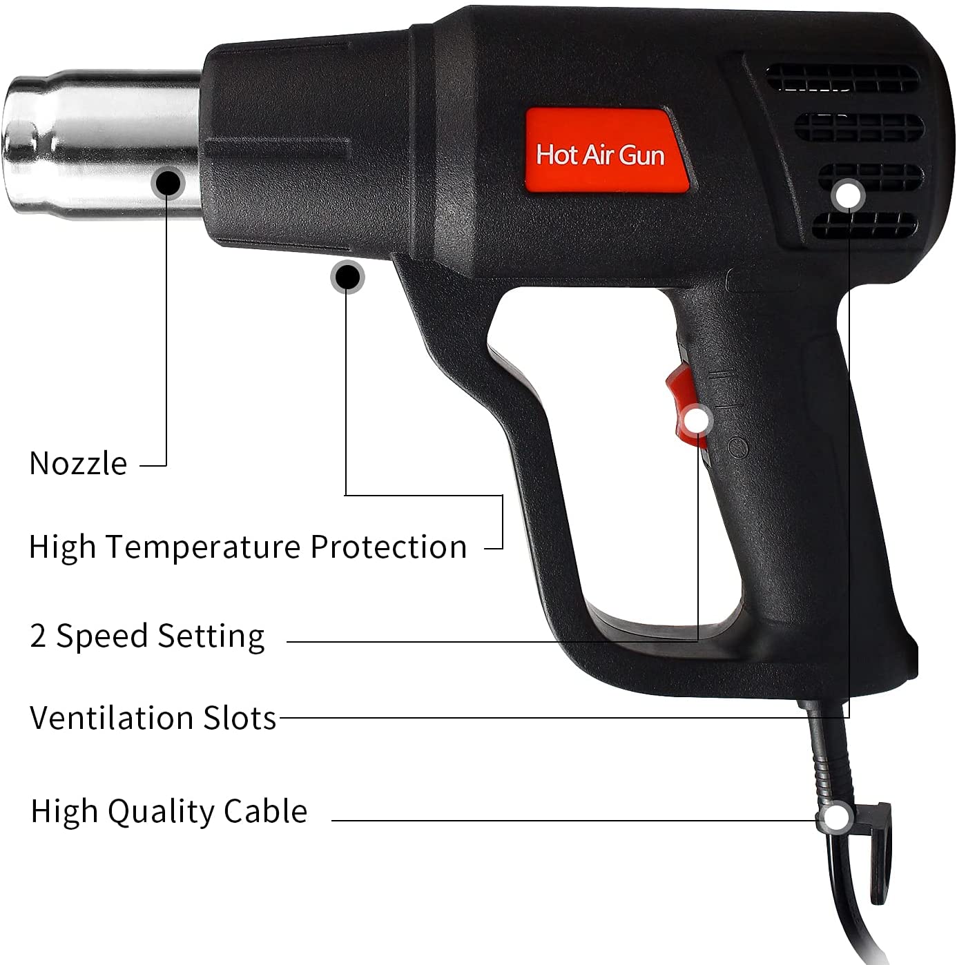 Zhejiang Tianyu industry Co. Ltd Supplier Factory Manufacturer Making and Selling Heat Gun Dual Temperature 300℃ & 500℃ Controls and Dual Airflow Controls 250 L/min & 500 L/min Setting 1400W Hot Air Wind Blower TQR-85A1 Hot Air Gun